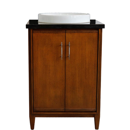 Bellaterra Home MCM 25" 2-Door 1-Drawer Walnut Freestanding Vanity Set With Ceramic Vessel Sink and Black Galaxy Granite Top