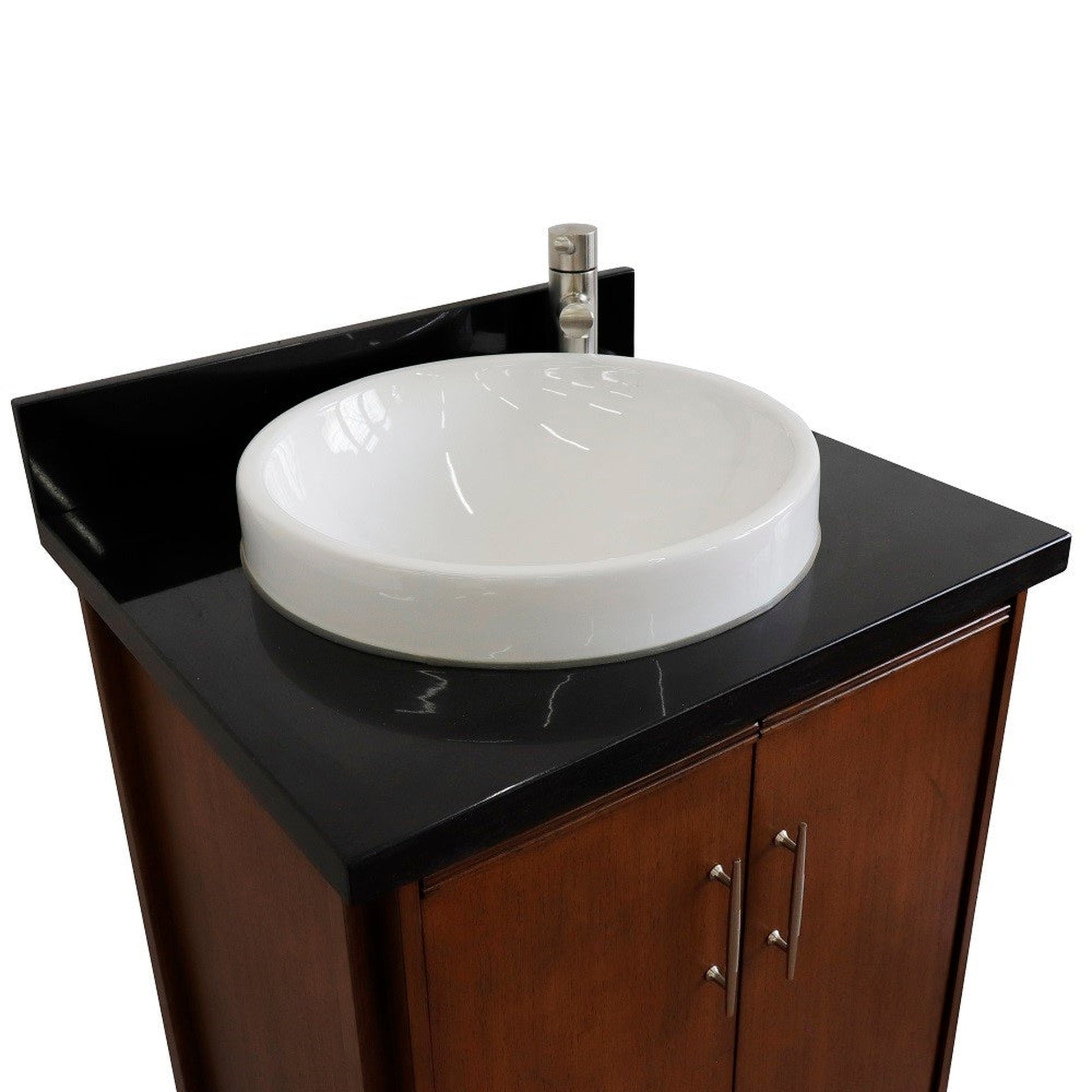 Bellaterra Home MCM 25" 2-Door 1-Drawer Walnut Freestanding Vanity Set With Ceramic Vessel Sink and Black Galaxy Granite Top