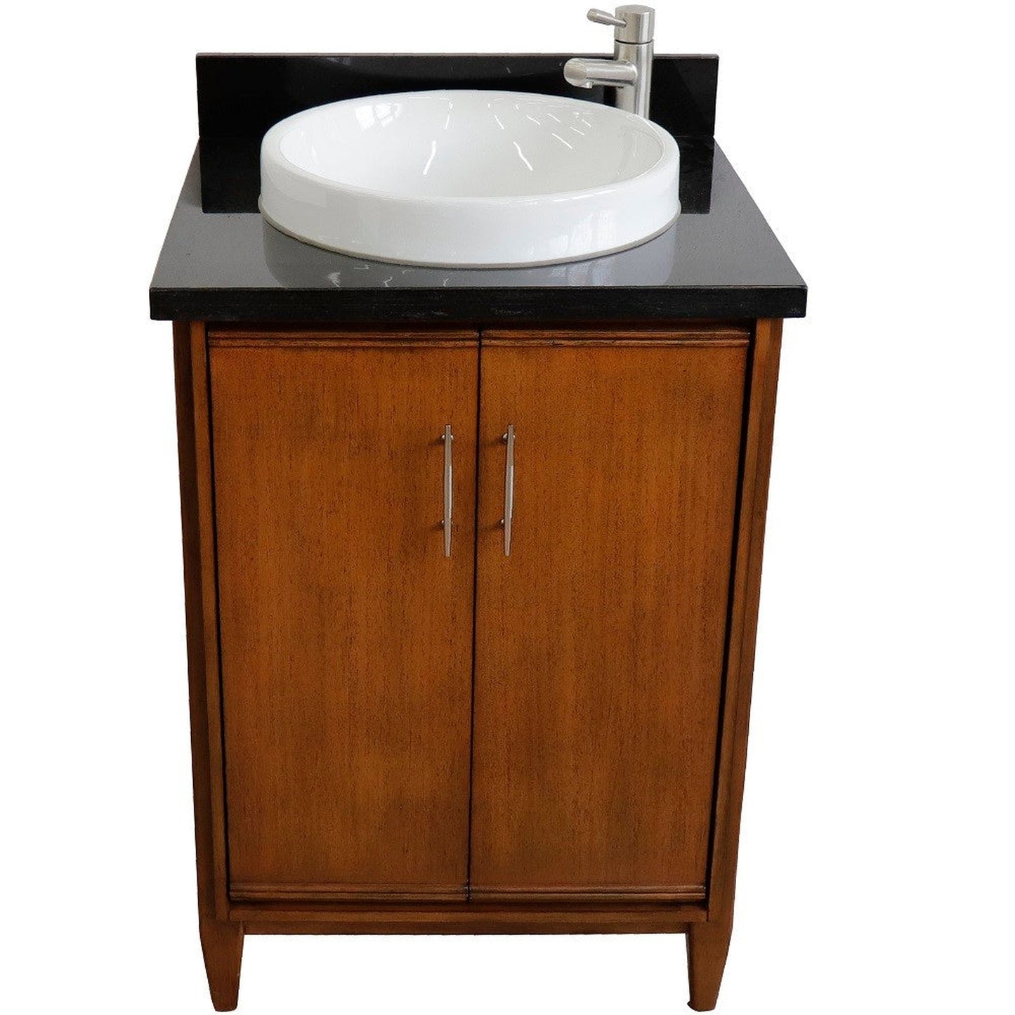 Bellaterra Home MCM 25" 2-Door 1-Drawer Walnut Freestanding Vanity Set With Ceramic Vessel Sink and Black Galaxy Granite Top