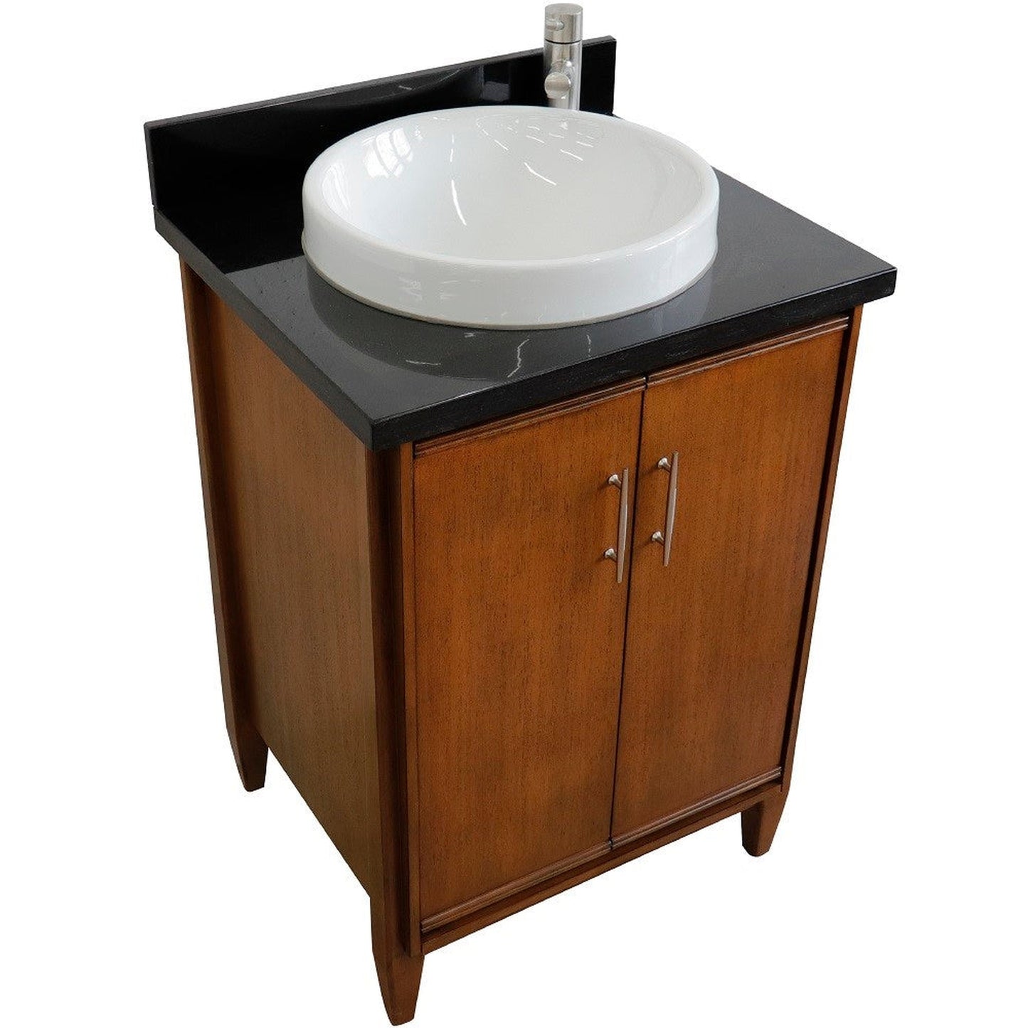 Bellaterra Home MCM 25" 2-Door 1-Drawer Walnut Freestanding Vanity Set With Ceramic Vessel Sink and Black Galaxy Granite Top