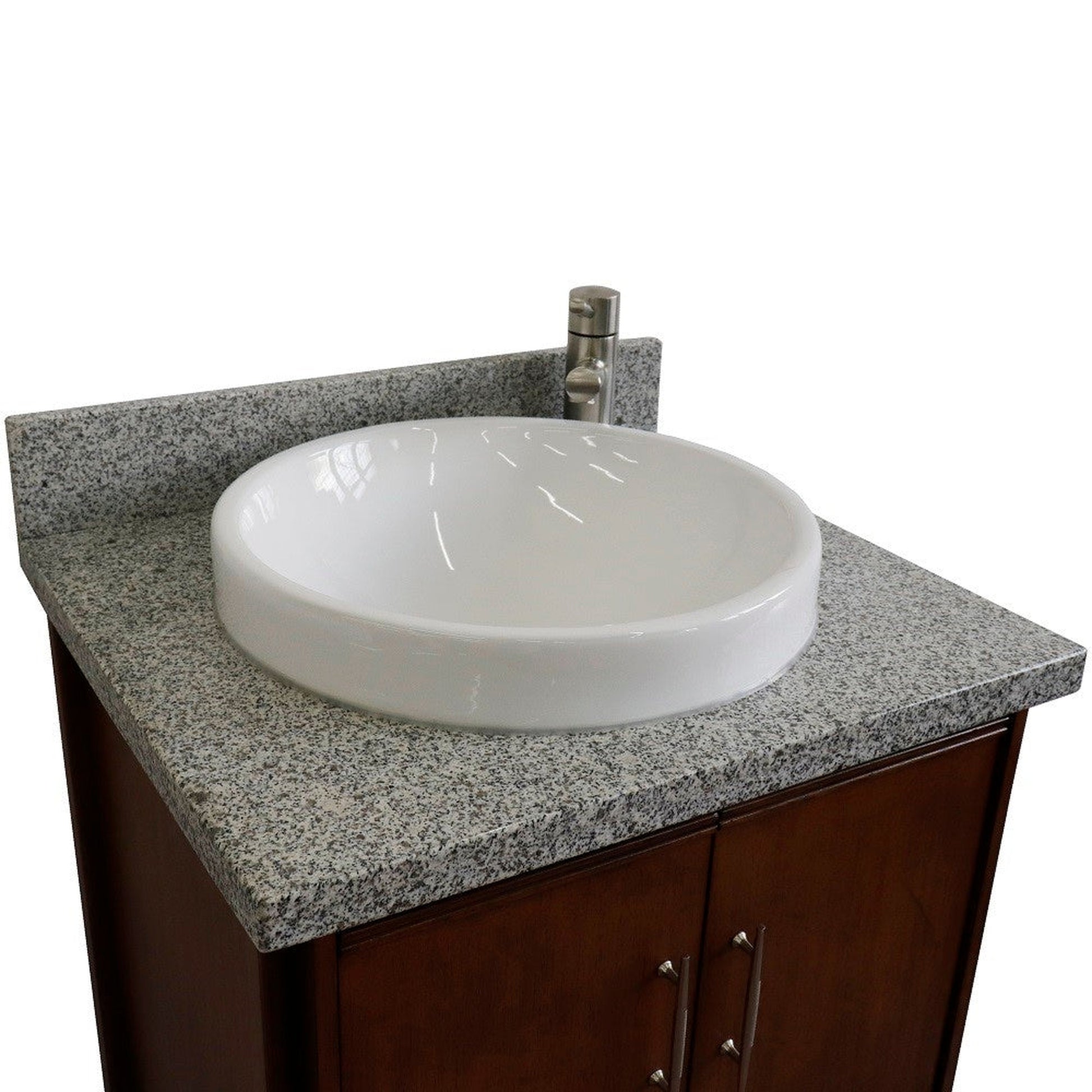 Bellaterra Home MCM 25" 2-Door 1-Drawer Walnut Freestanding Vanity Set With Ceramic Vessel Sink and Gray Granite Top