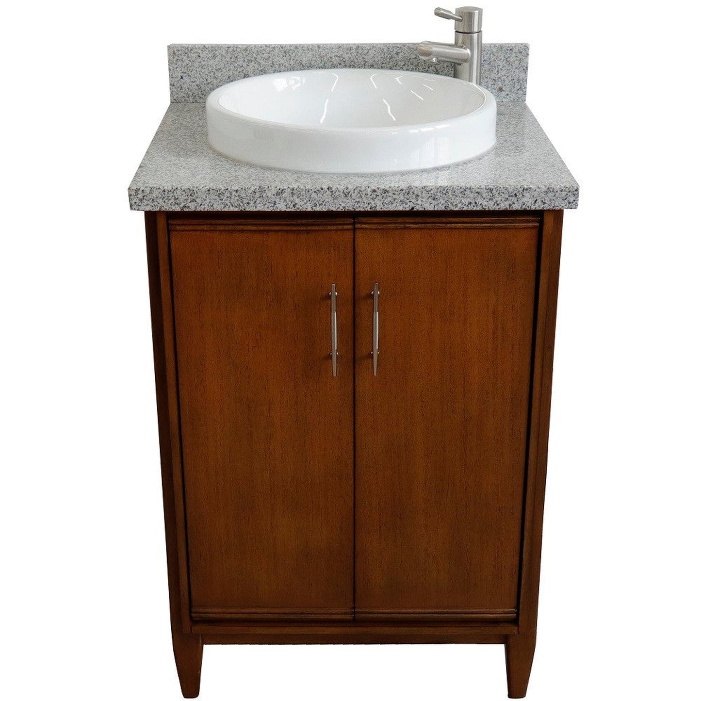 Bellaterra Home MCM 25" 2-Door 1-Drawer Walnut Freestanding Vanity Set With Ceramic Vessel Sink and Gray Granite Top