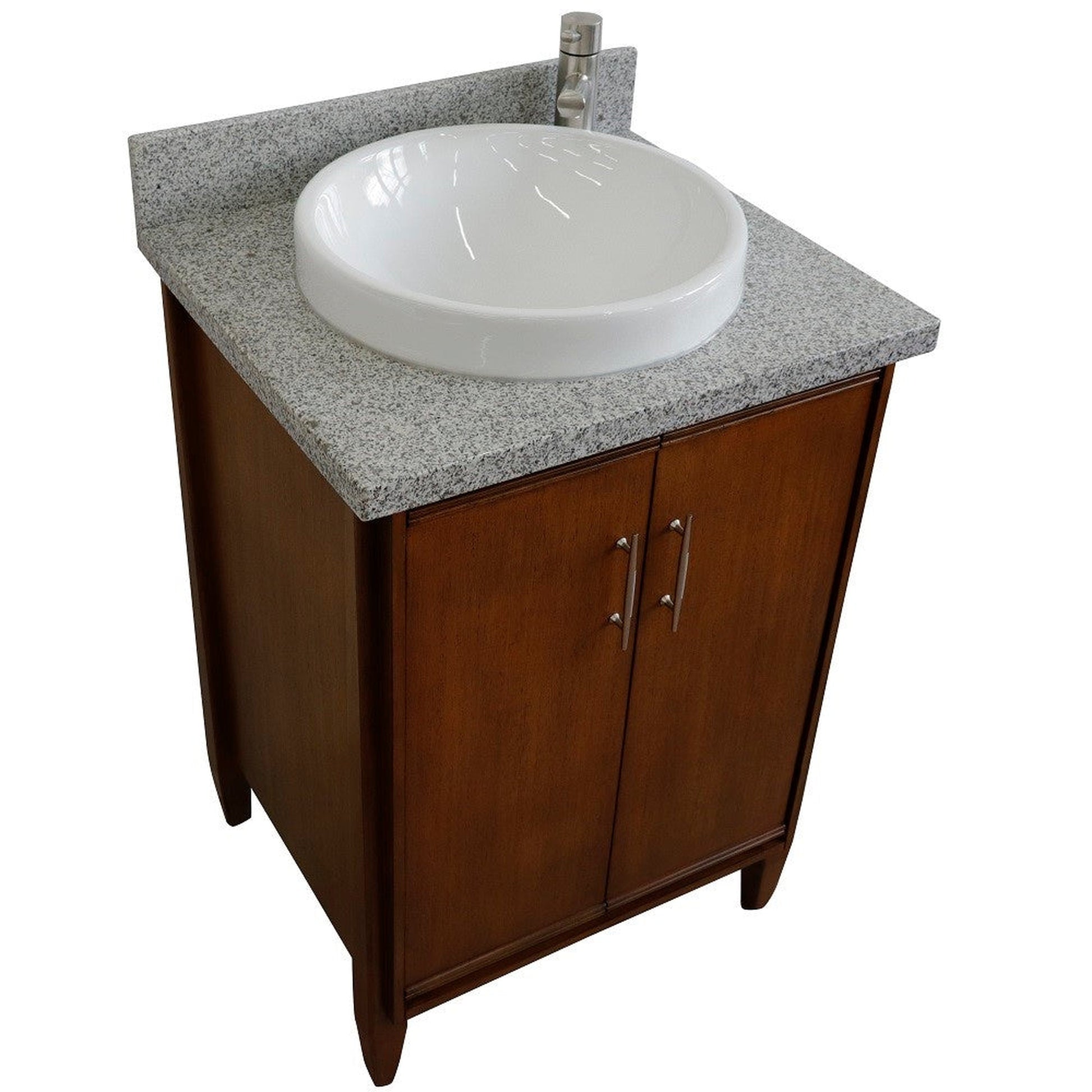 Bellaterra Home MCM 25" 2-Door 1-Drawer Walnut Freestanding Vanity Set With Ceramic Vessel Sink and Gray Granite Top