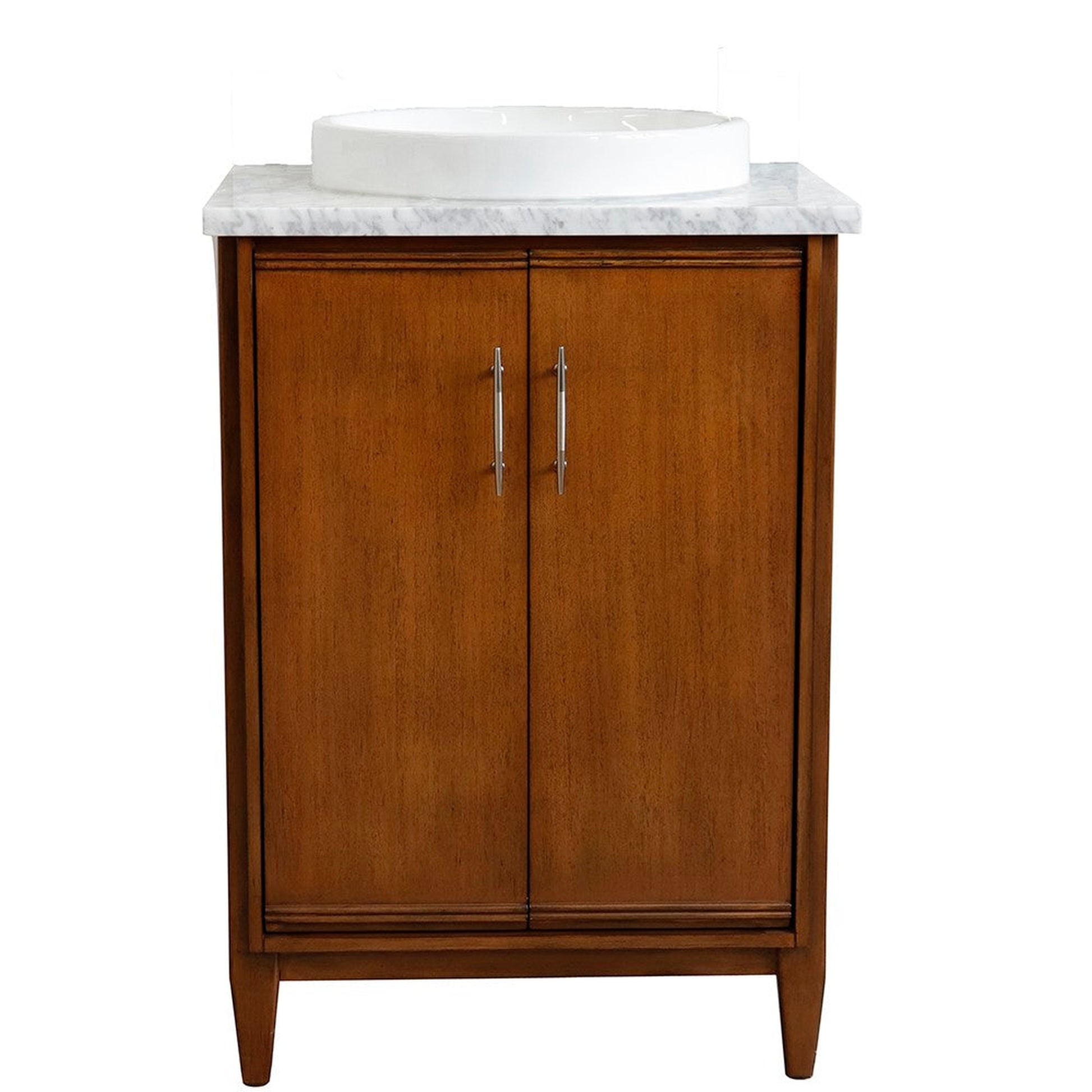 Bellaterra Home MCM 25" 2-Door 1-Drawer Walnut Freestanding Vanity Set With Ceramic Vessel Sink and White Carrara Marble Top