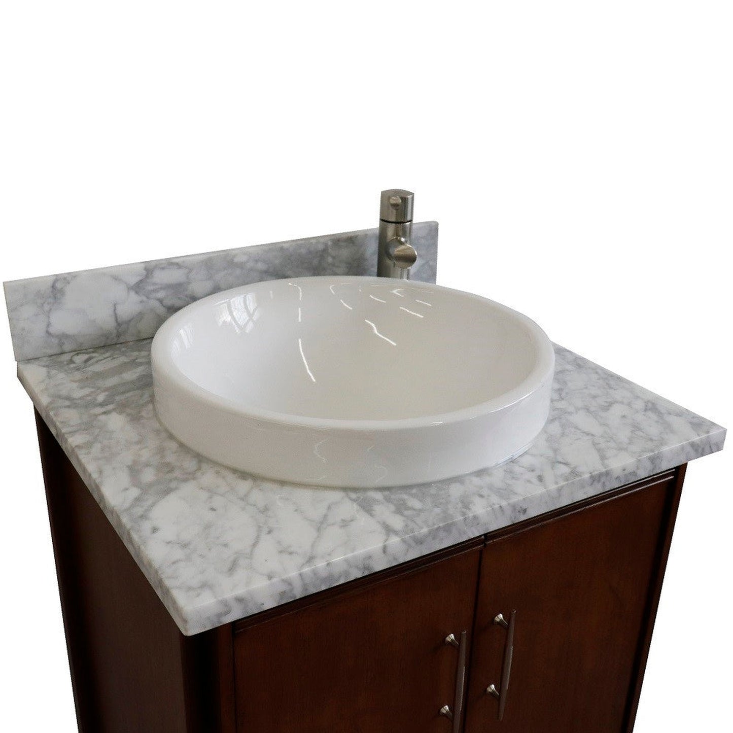 Bellaterra Home MCM 25" 2-Door 1-Drawer Walnut Freestanding Vanity Set With Ceramic Vessel Sink and White Carrara Marble Top