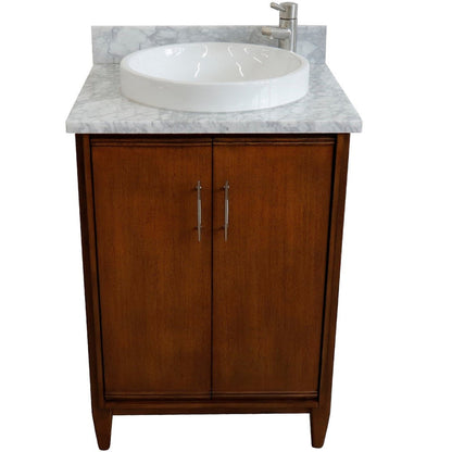 Bellaterra Home MCM 25" 2-Door 1-Drawer Walnut Freestanding Vanity Set With Ceramic Vessel Sink and White Carrara Marble Top