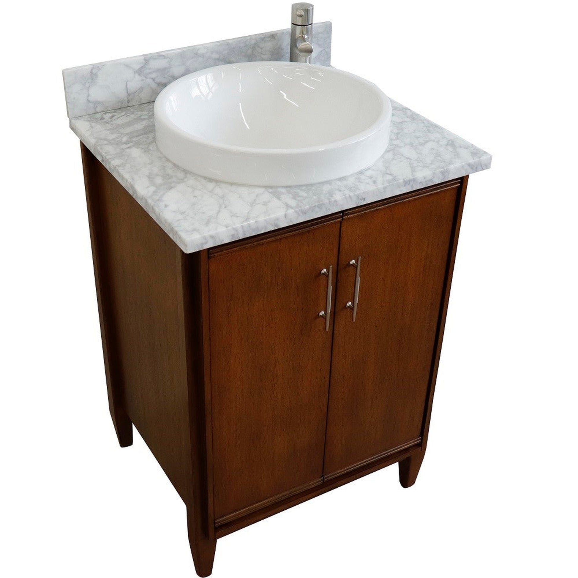 Bellaterra Home MCM 25" 2-Door 1-Drawer Walnut Freestanding Vanity Set With Ceramic Vessel Sink and White Carrara Marble Top