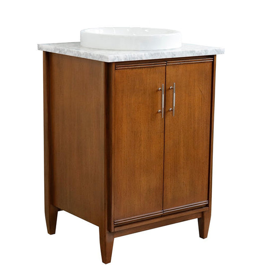 Bellaterra Home MCM 25" 2-Door 1-Drawer Walnut Freestanding Vanity Set With Ceramic Vessel Sink and White Carrara Marble Top