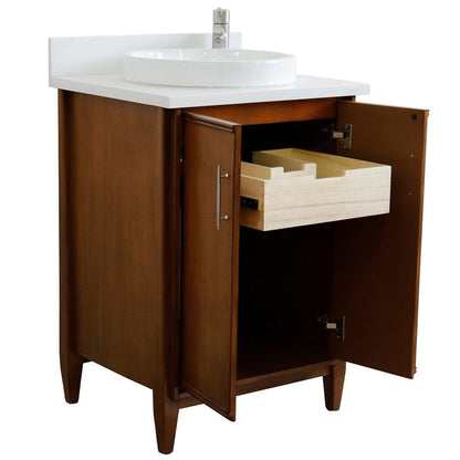 Bellaterra Home MCM 25" 2-Door 1-Drawer Walnut Freestanding Vanity Set With Ceramic Vessel Sink and White Quartz Top