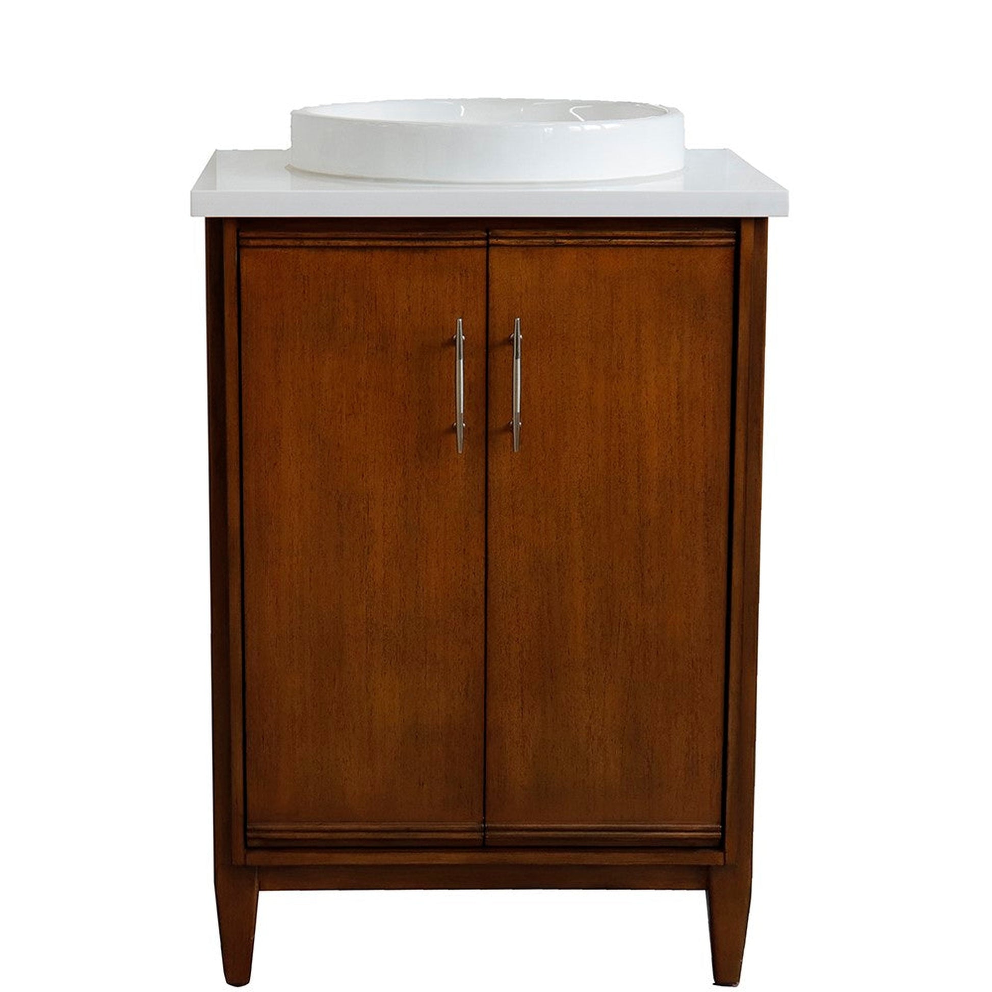 Bellaterra Home MCM 25" 2-Door 1-Drawer Walnut Freestanding Vanity Set With Ceramic Vessel Sink and White Quartz Top