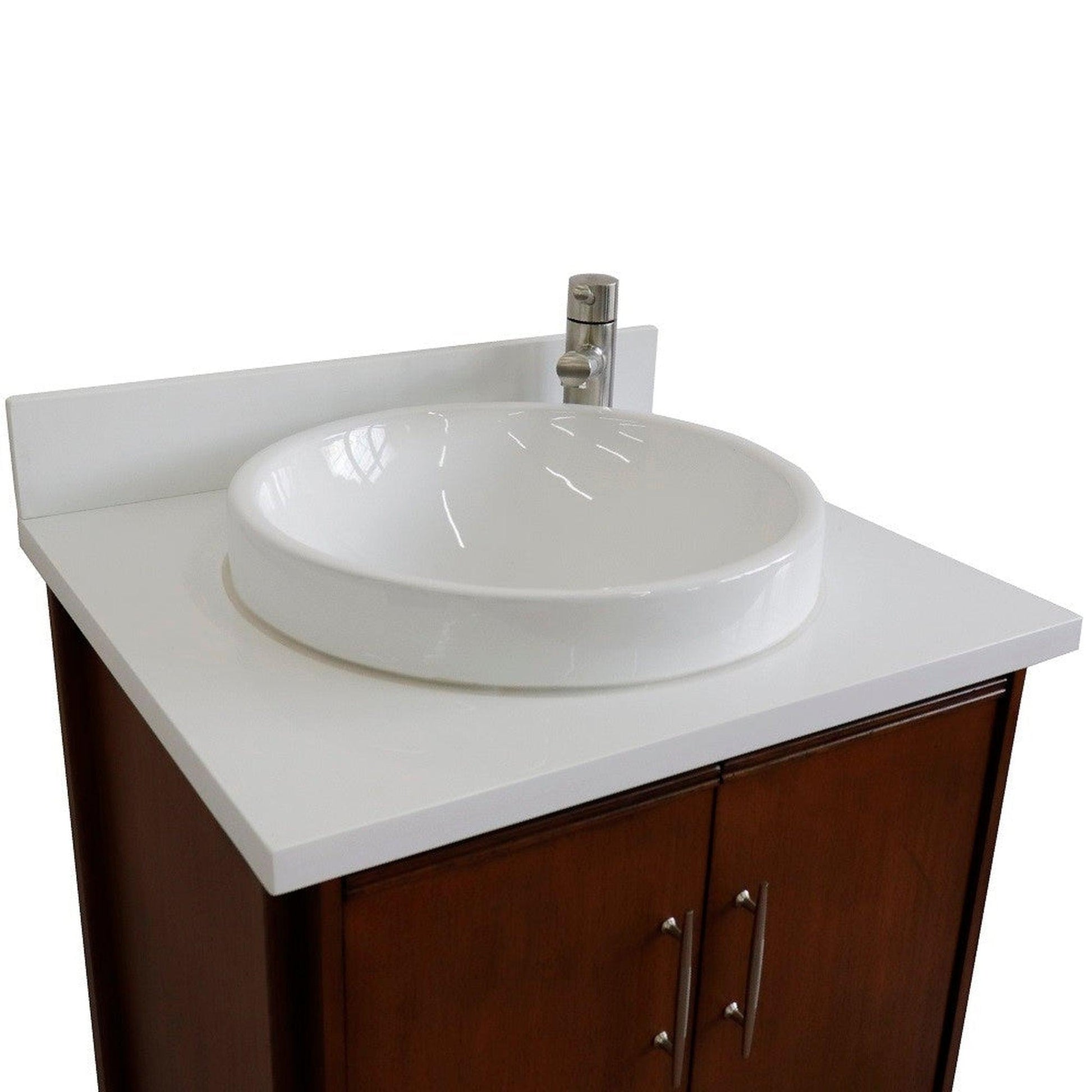Bellaterra Home MCM 25" 2-Door 1-Drawer Walnut Freestanding Vanity Set With Ceramic Vessel Sink and White Quartz Top