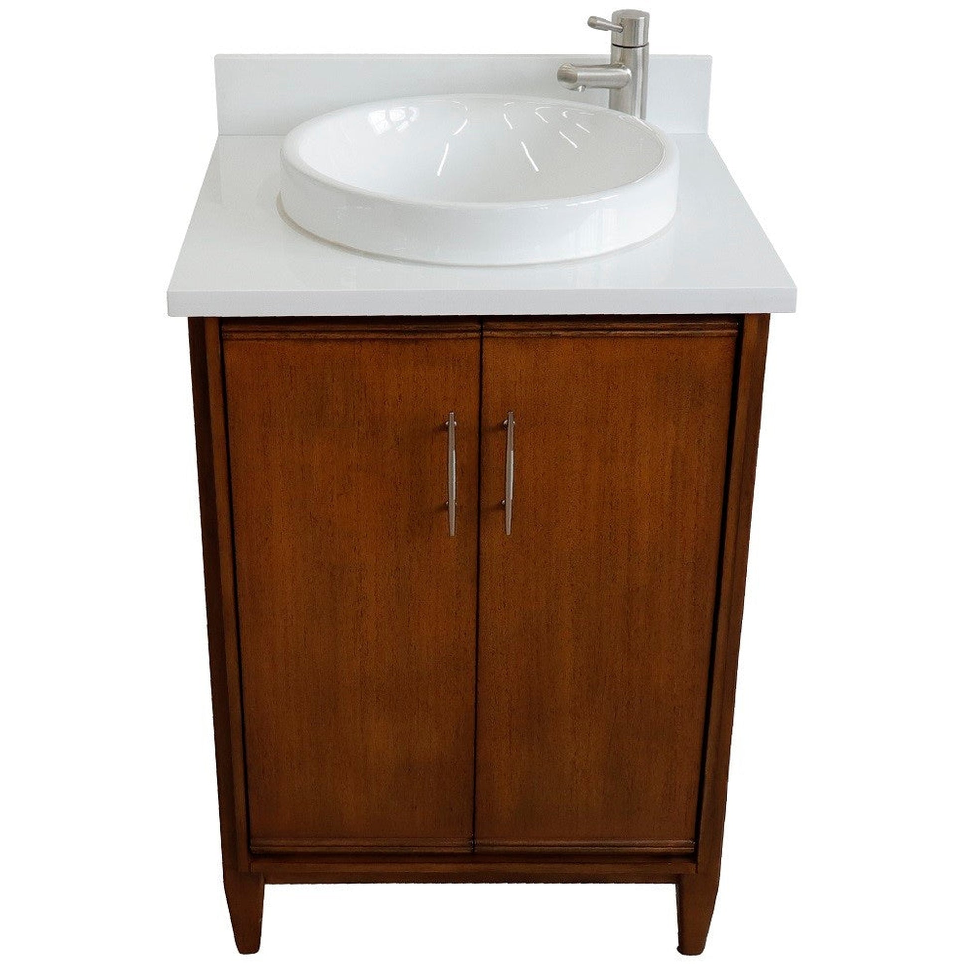 Bellaterra Home MCM 25" 2-Door 1-Drawer Walnut Freestanding Vanity Set With Ceramic Vessel Sink and White Quartz Top