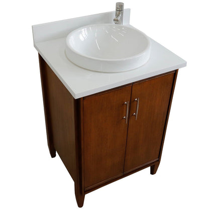 Bellaterra Home MCM 25" 2-Door 1-Drawer Walnut Freestanding Vanity Set With Ceramic Vessel Sink and White Quartz Top