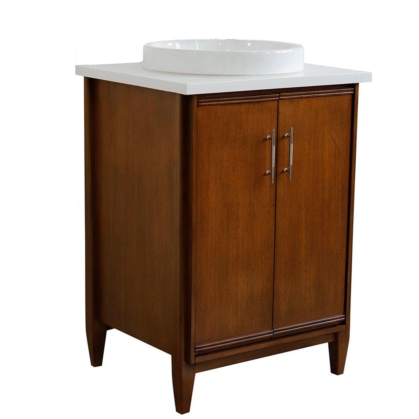 Bellaterra Home MCM 25" 2-Door 1-Drawer Walnut Freestanding Vanity Set With Ceramic Vessel Sink and White Quartz Top