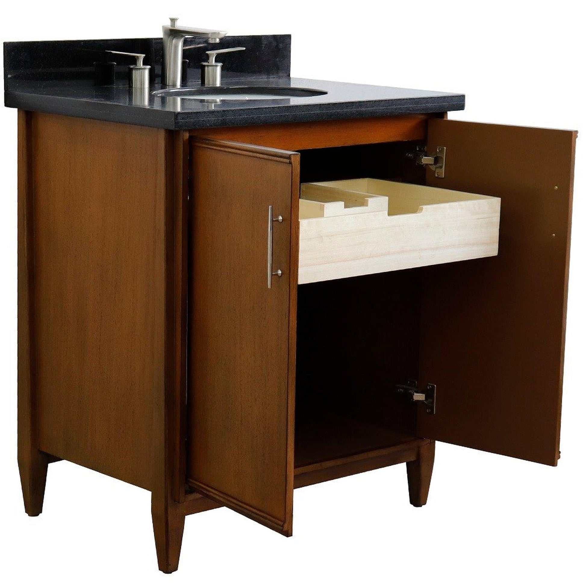 Bellaterra Home MCM 31" 2-Door 1-Drawer Walnut Freestanding Vanity Set With Ceramic Undermount Oval Sink And Black Galaxy Granite Top