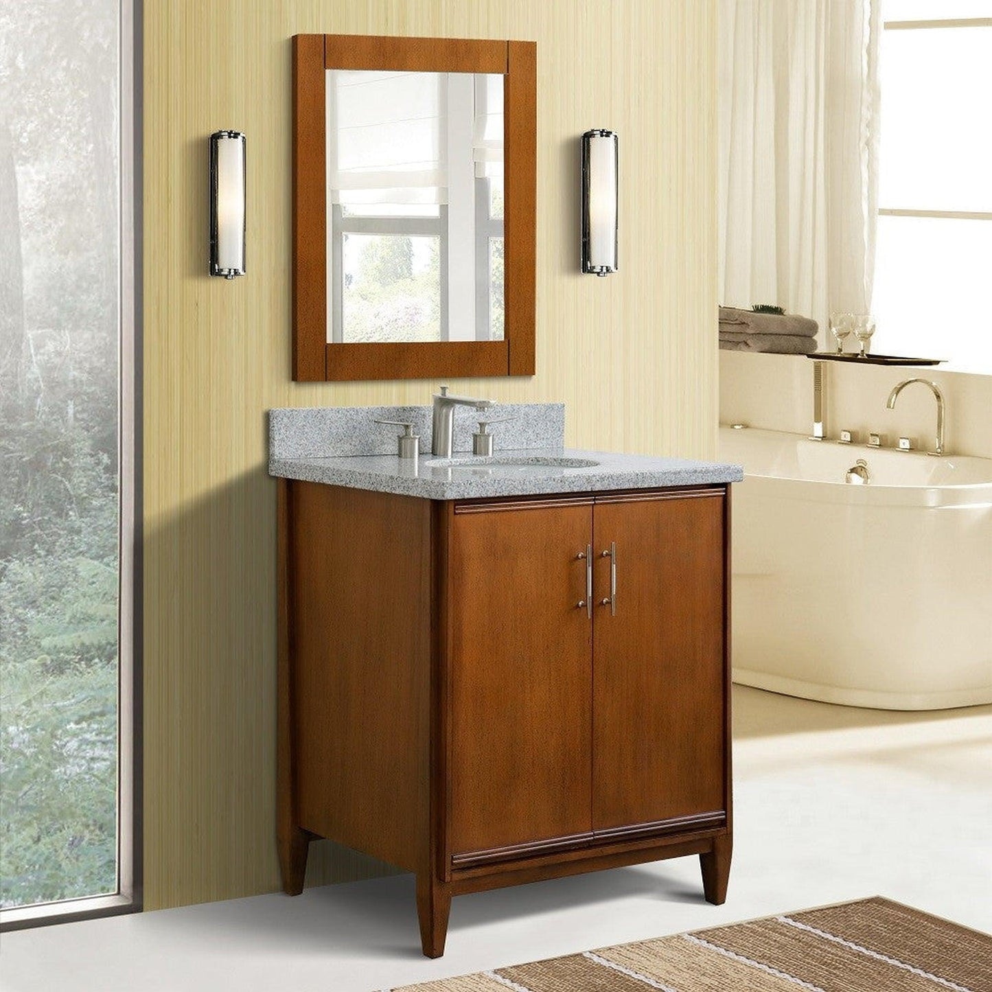 Bellaterra Home MCM 31" 2-Door 1-Drawer Walnut Freestanding Vanity Set With Ceramic Undermount Oval Sink And Gray Granite Top