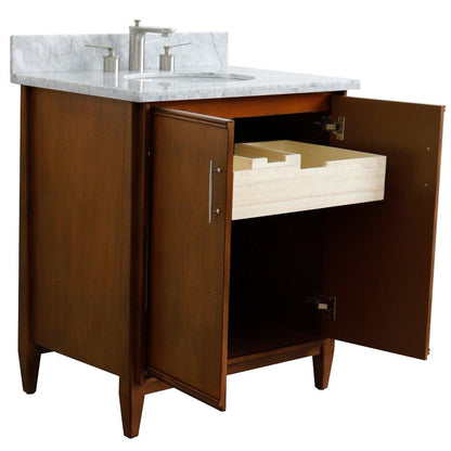 Bellaterra Home MCM 31" 2-Door 1-Drawer Walnut Freestanding Vanity Set With Ceramic Undermount Oval Sink And White Carrara Marble Top