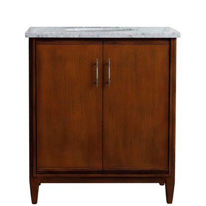 Bellaterra Home MCM 31" 2-Door 1-Drawer Walnut Freestanding Vanity Set With Ceramic Undermount Oval Sink And White Carrara Marble Top