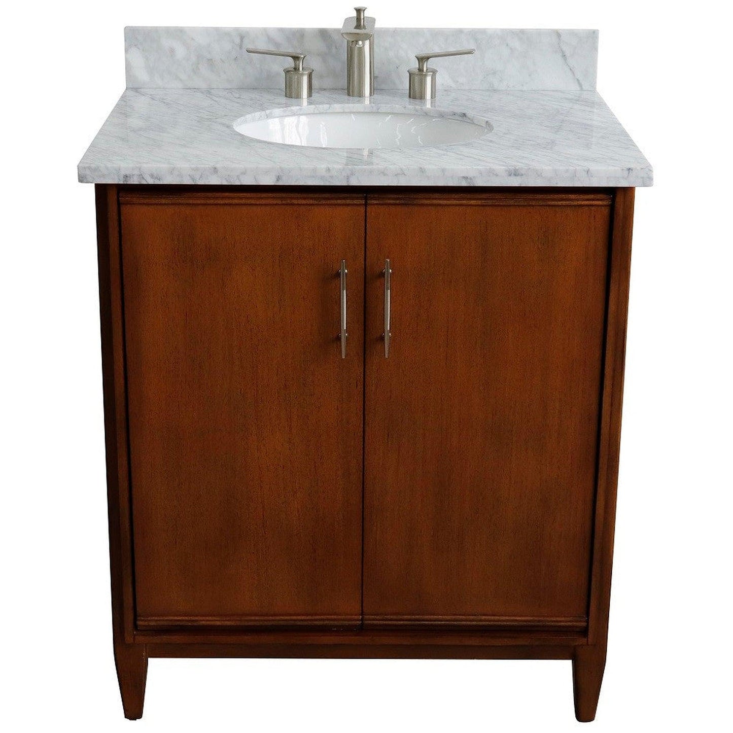 Bellaterra Home MCM 31" 2-Door 1-Drawer Walnut Freestanding Vanity Set With Ceramic Undermount Oval Sink And White Carrara Marble Top