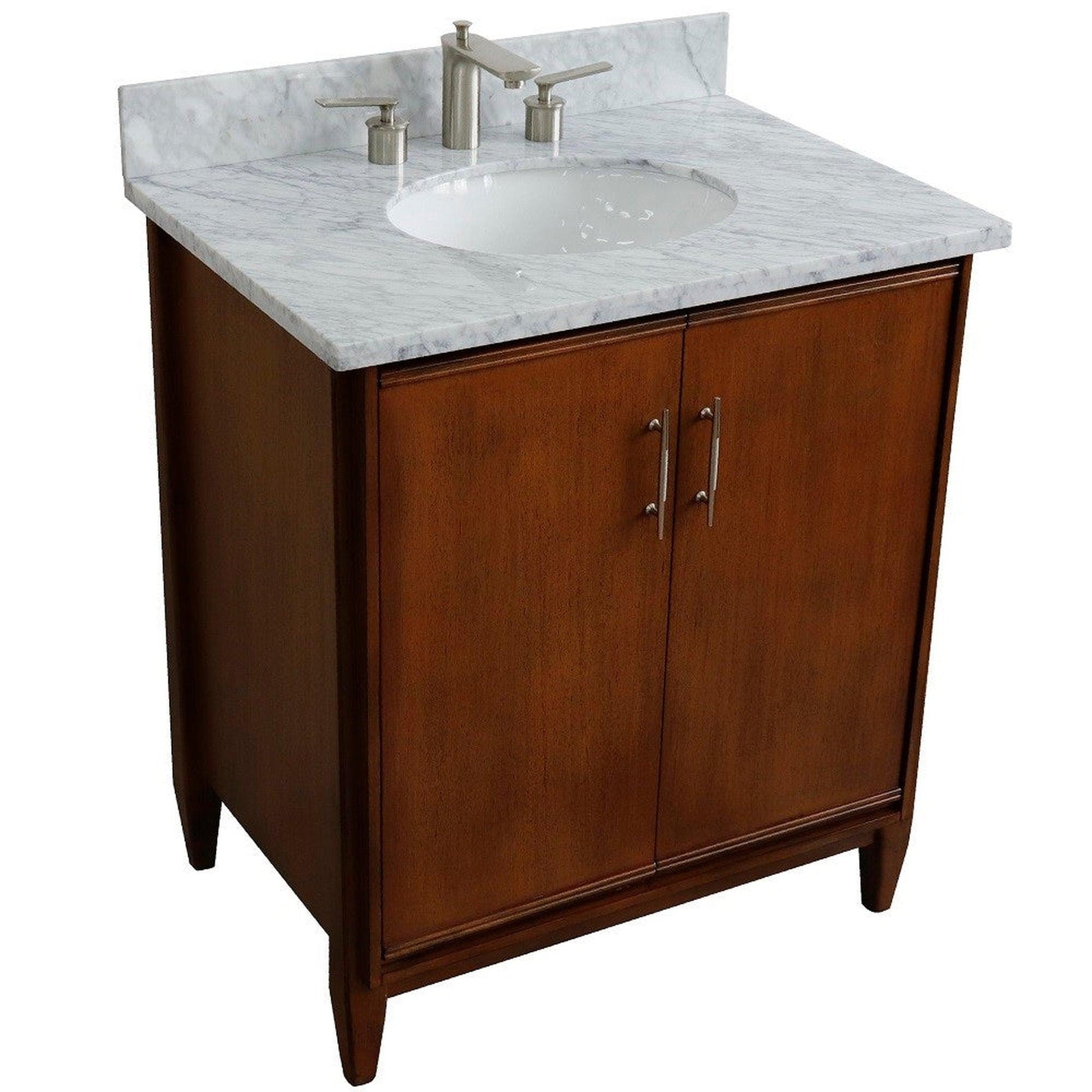 Bellaterra Home MCM 31" 2-Door 1-Drawer Walnut Freestanding Vanity Set With Ceramic Undermount Oval Sink And White Carrara Marble Top