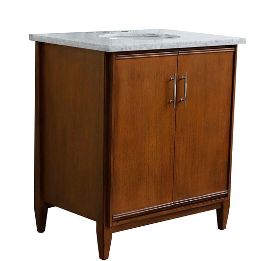 Bellaterra Home MCM 31" 2-Door 1-Drawer Walnut Freestanding Vanity Set With Ceramic Undermount Oval Sink And White Carrara Marble Top