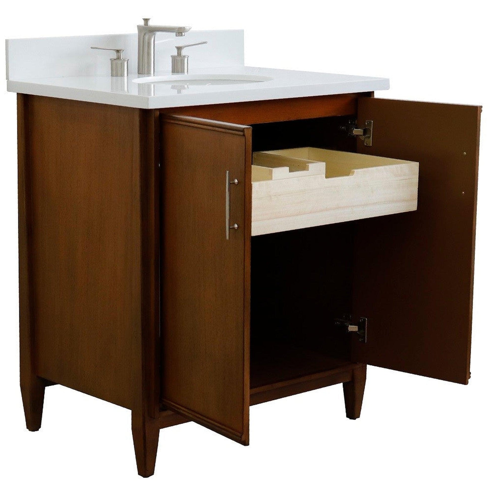 Bellaterra Home MCM 31" 2-Door 1-Drawer Walnut Freestanding Vanity Set With Ceramic Undermount Oval Sink And White Quartz Top