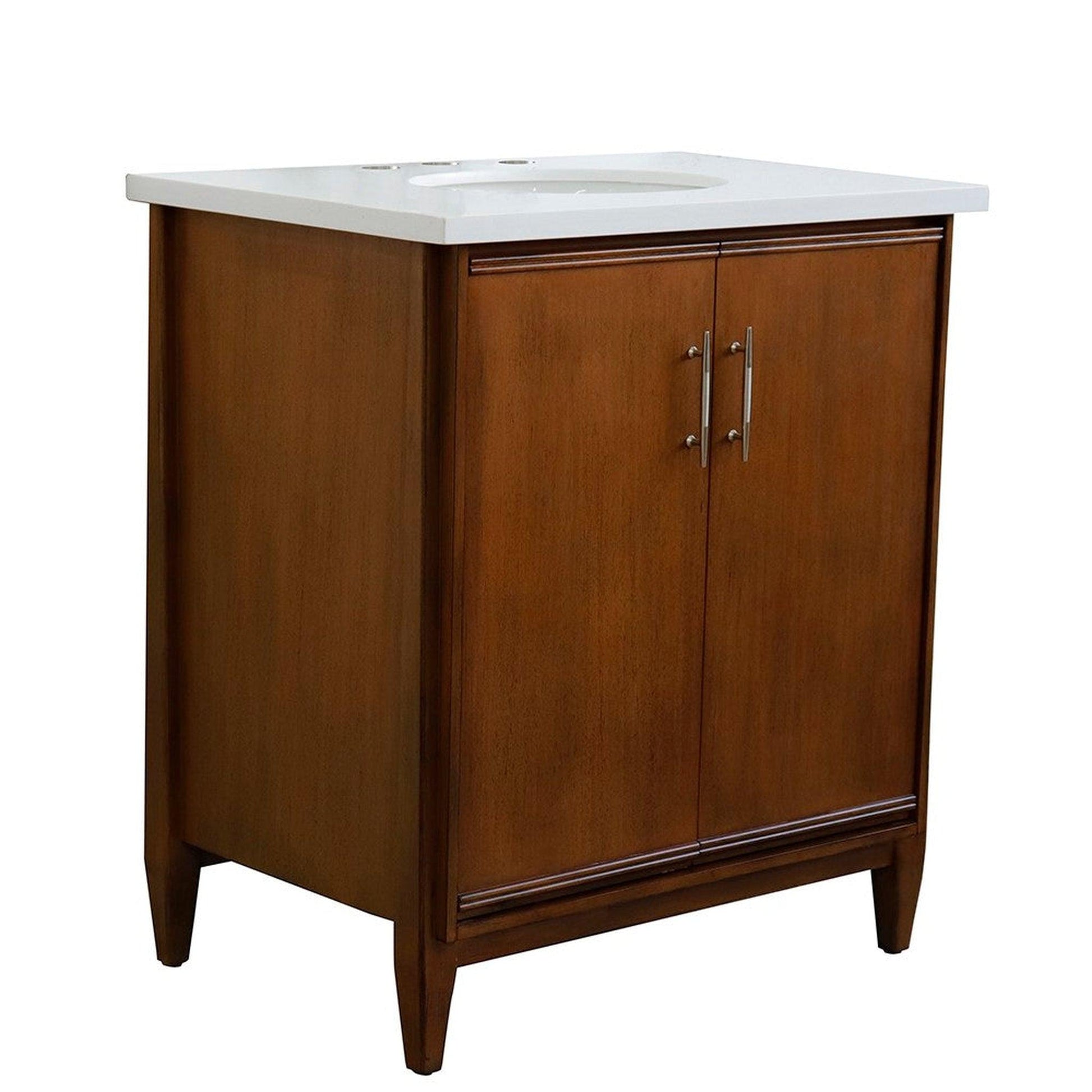 Bellaterra Home MCM 31" 2-Door 1-Drawer Walnut Freestanding Vanity Set With Ceramic Undermount Oval Sink And White Quartz Top