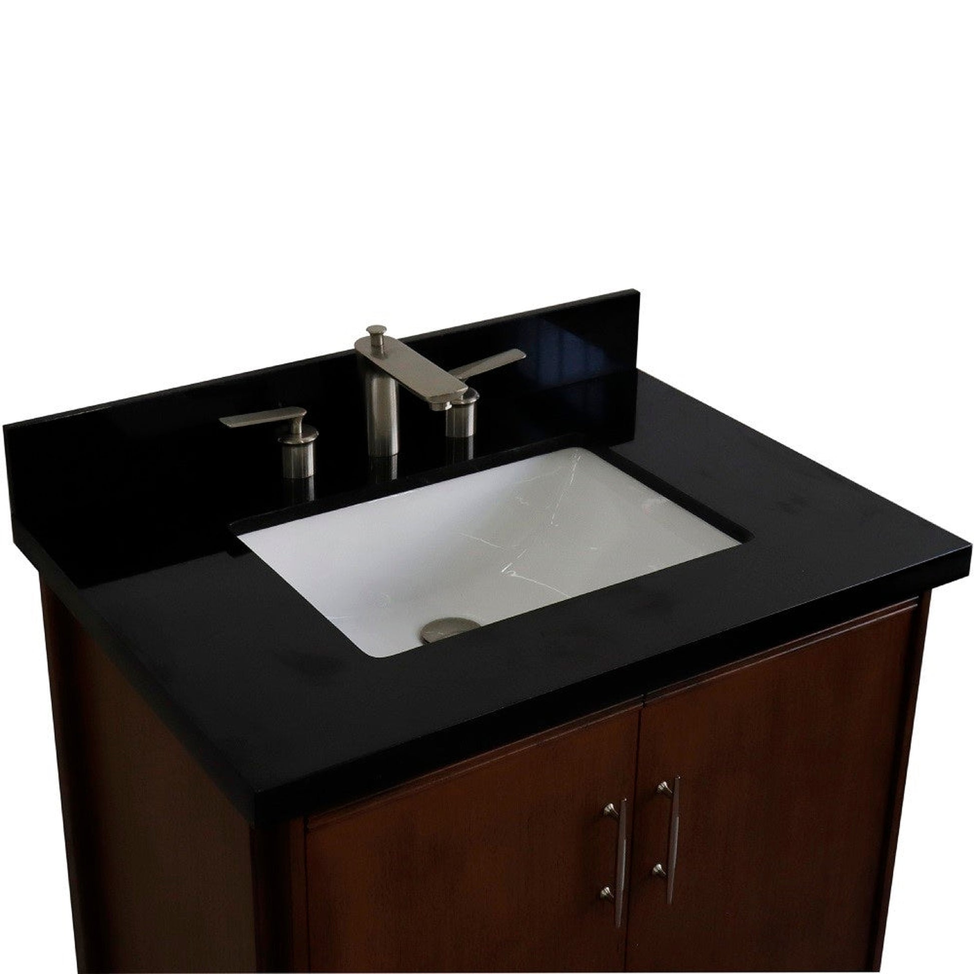 Bellaterra Home MCM 31" 2-Door 1-Drawer Walnut Freestanding Vanity Set With Ceramic Undermount Rectangular Sink And Black Galaxy Granite Top