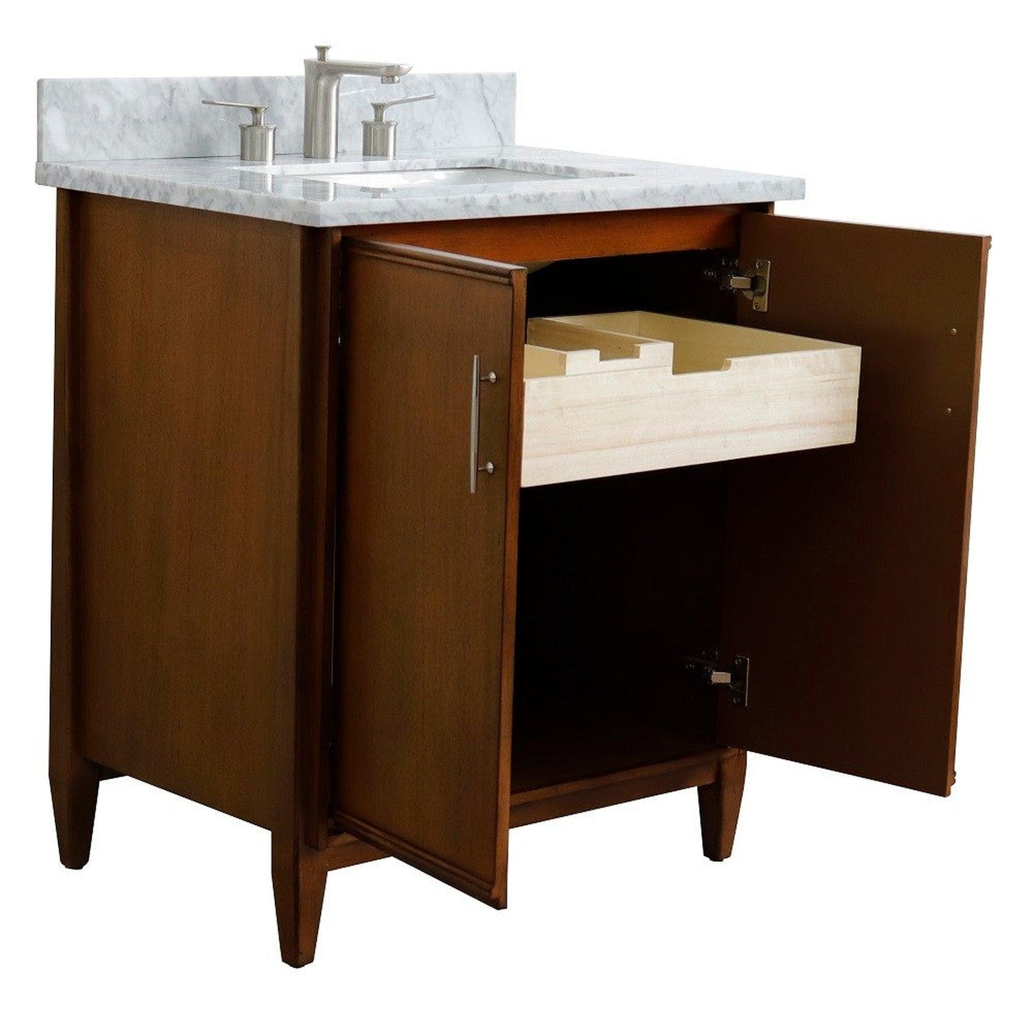 Bellaterra Home MCM 31" 2-Door 1-Drawer Walnut Freestanding Vanity Set With Ceramic Undermount Rectangular Sink And White Carrara Marble Top