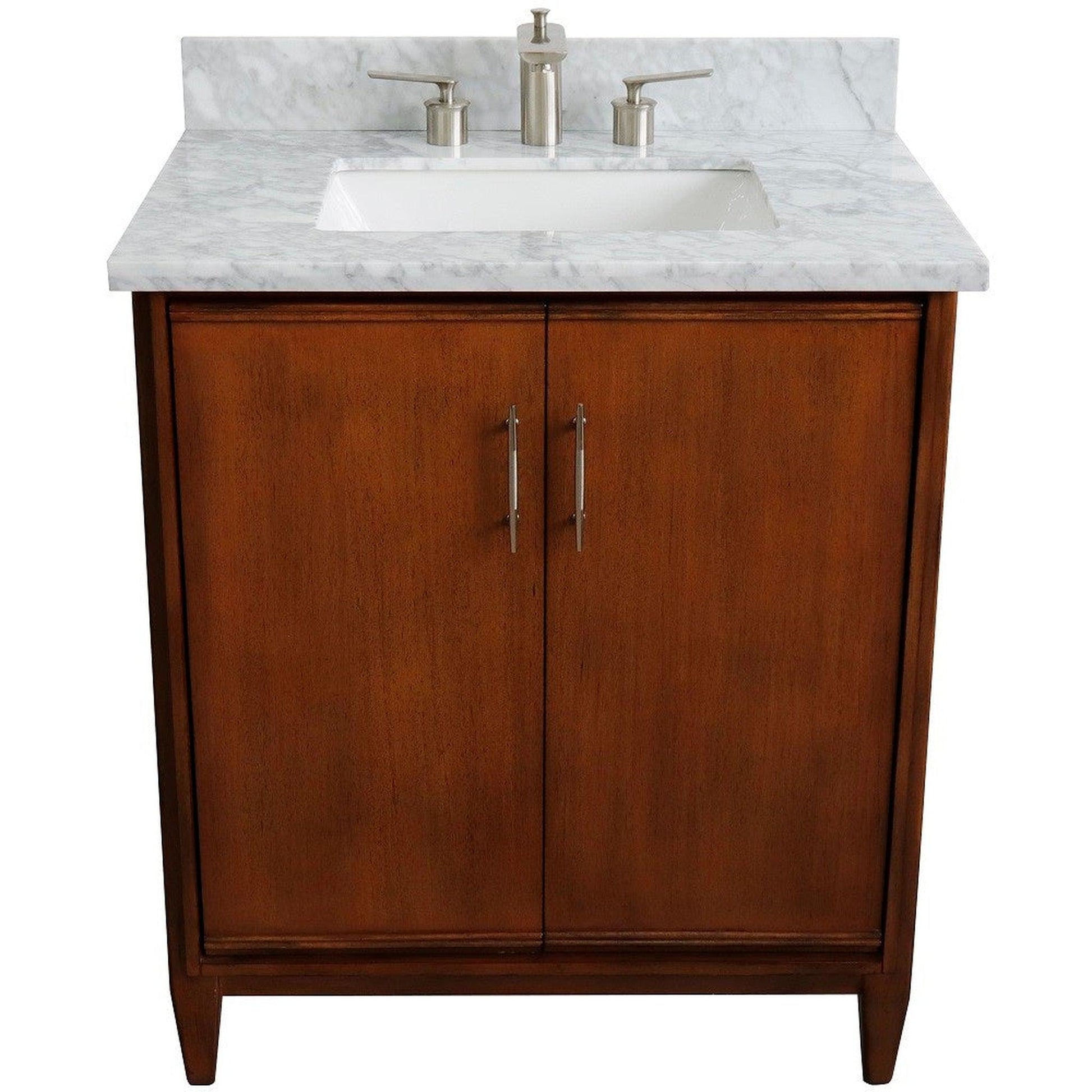 Bellaterra Home MCM 31" 2-Door 1-Drawer Walnut Freestanding Vanity Set With Ceramic Undermount Rectangular Sink And White Carrara Marble Top