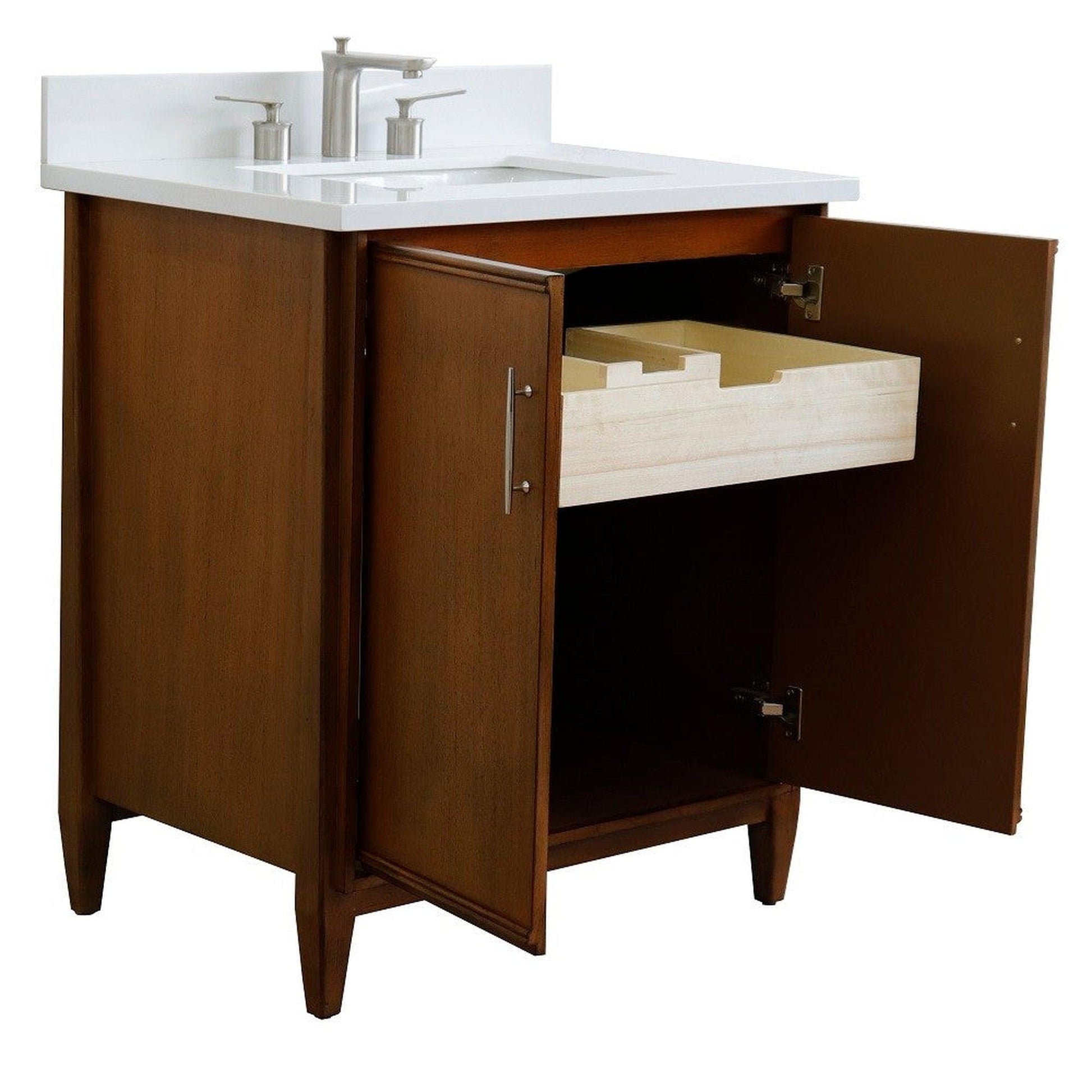 Bellaterra Home MCM 31" 2-Door 1-Drawer Walnut Freestanding Vanity Set With Ceramic Undermount Rectangular Sink And White Quartz Top