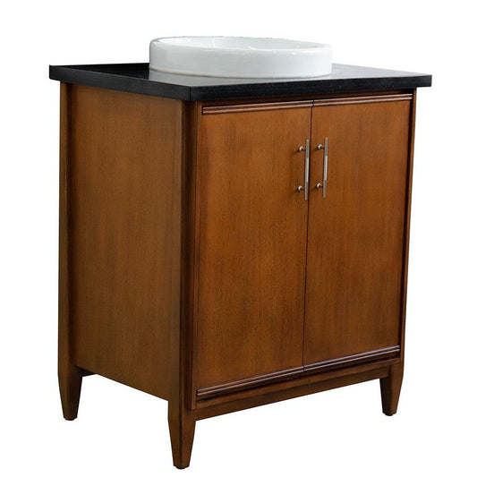 Bellaterra Home MCM 31" 2-Door 1-Drawer Walnut Freestanding Vanity Set With Ceramic Vessel Sink And Black Galaxy Granite Top