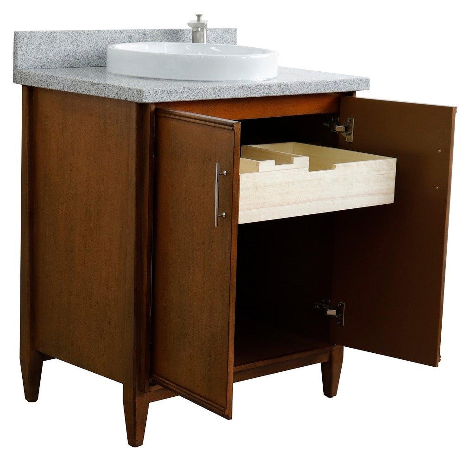 Bellaterra Home MCM 31" 2-Door 1-Drawer Walnut Freestanding Vanity Set With Ceramic Vessel Sink And Gray Granite Top