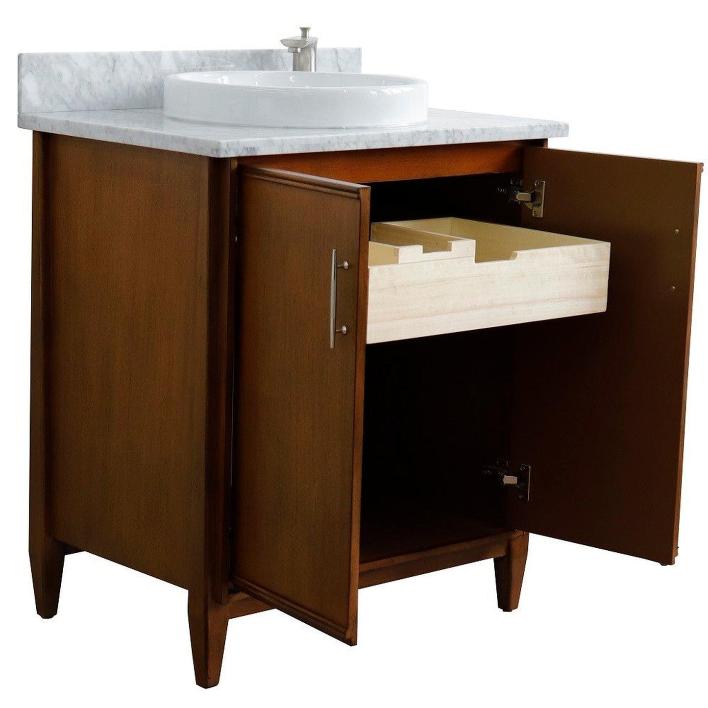 Bellaterra Home MCM 31" 2-Door 1-Drawer Walnut Freestanding Vanity Set With Ceramic Vessel Sink And White Carrara Marble Top