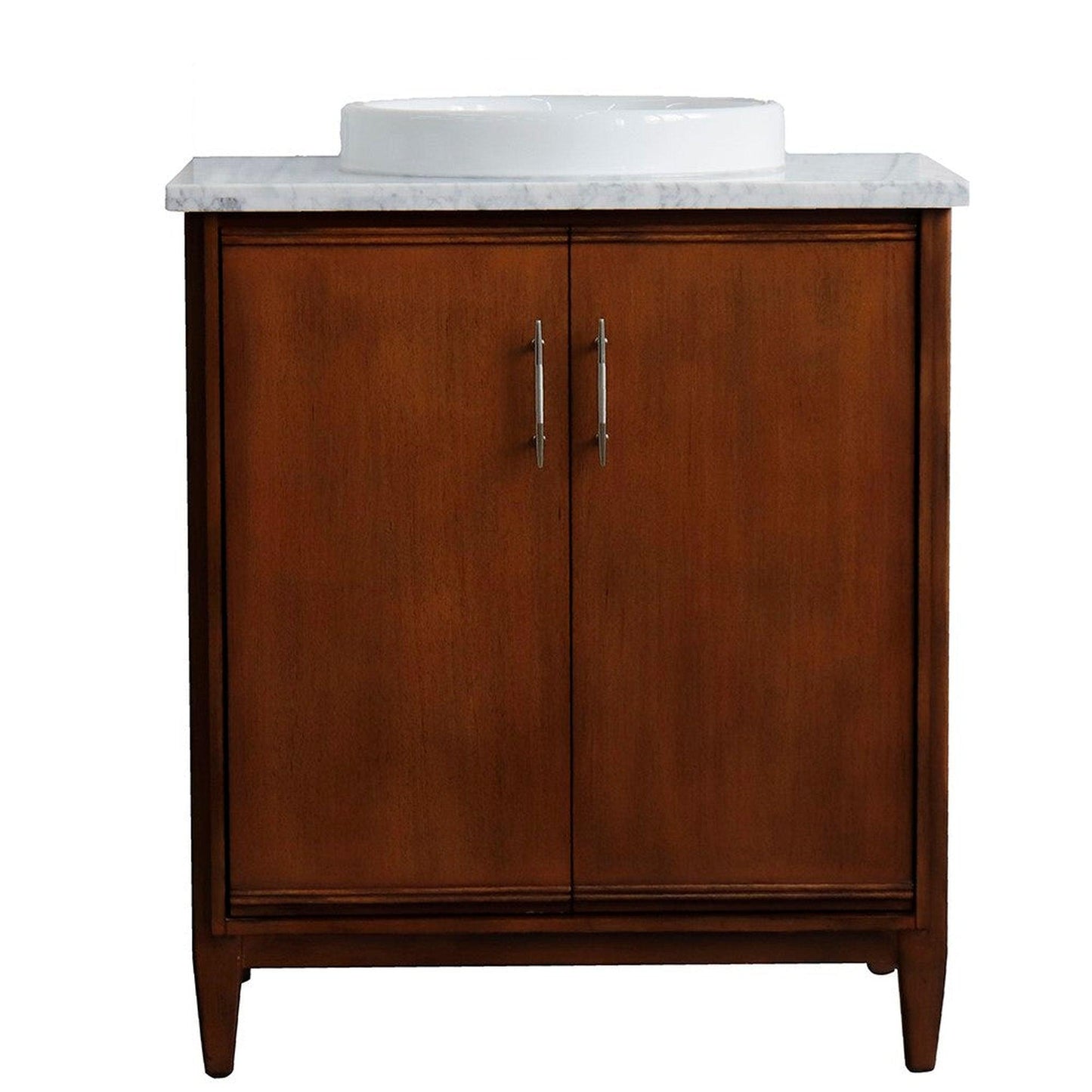 Bellaterra Home MCM 31" 2-Door 1-Drawer Walnut Freestanding Vanity Set With Ceramic Vessel Sink And White Carrara Marble Top