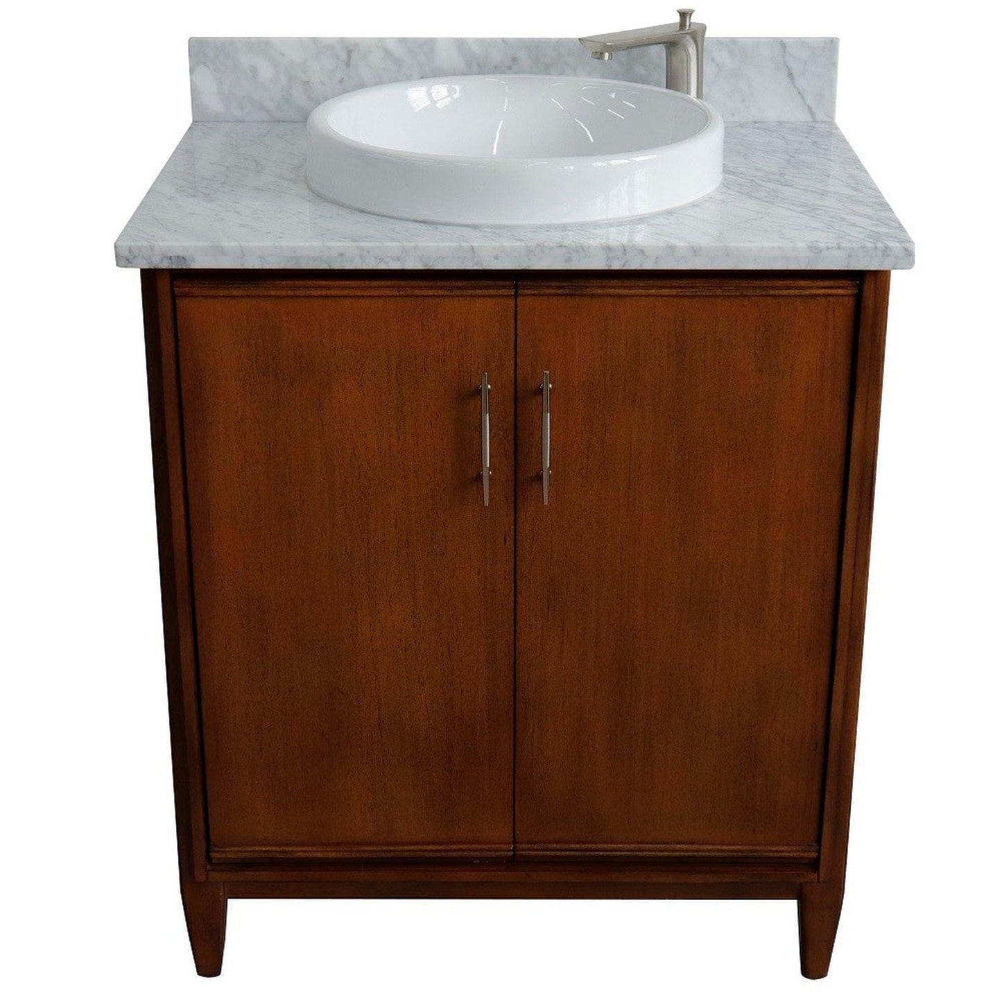 Bellaterra Home MCM 31" 2-Door 1-Drawer Walnut Freestanding Vanity Set With Ceramic Vessel Sink And White Carrara Marble Top