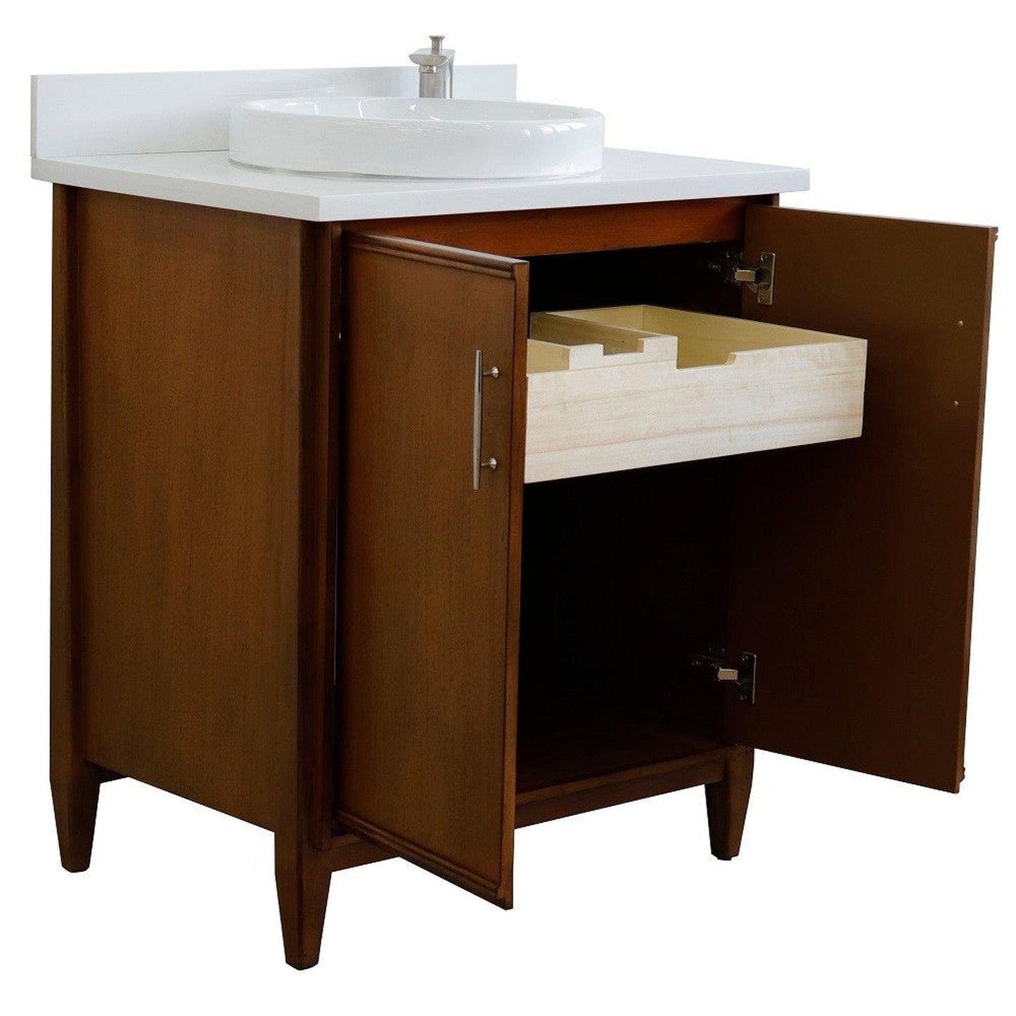 Bellaterra Home MCM 31" 2-Door 1-Drawer Walnut Freestanding Vanity Set With Ceramic Vessel Sink And White Quartz Top