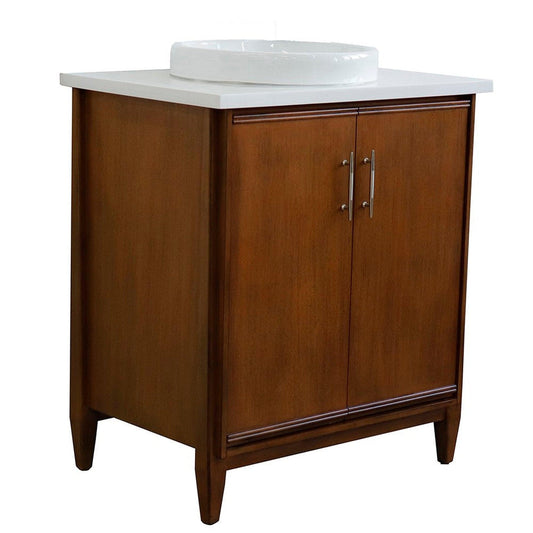 Bellaterra Home MCM 31" 2-Door 1-Drawer Walnut Freestanding Vanity Set With Ceramic Vessel Sink And White Quartz Top