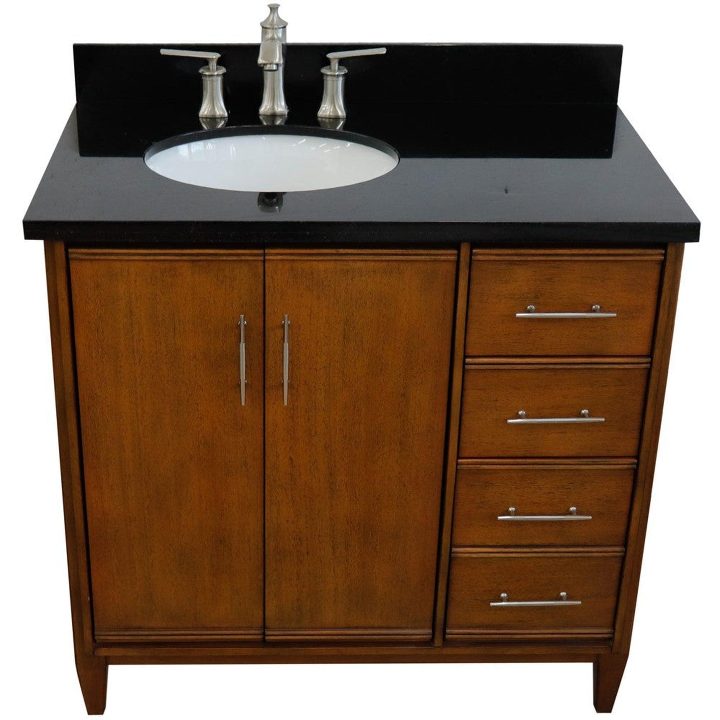 Bellaterra Home MCM 37" 2-Door 3-Drawer Walnut Freestanding Vanity Set With Ceramic Left Undermount Oval Sink and Black Galaxy Granite Top, and Left Door Cabinet