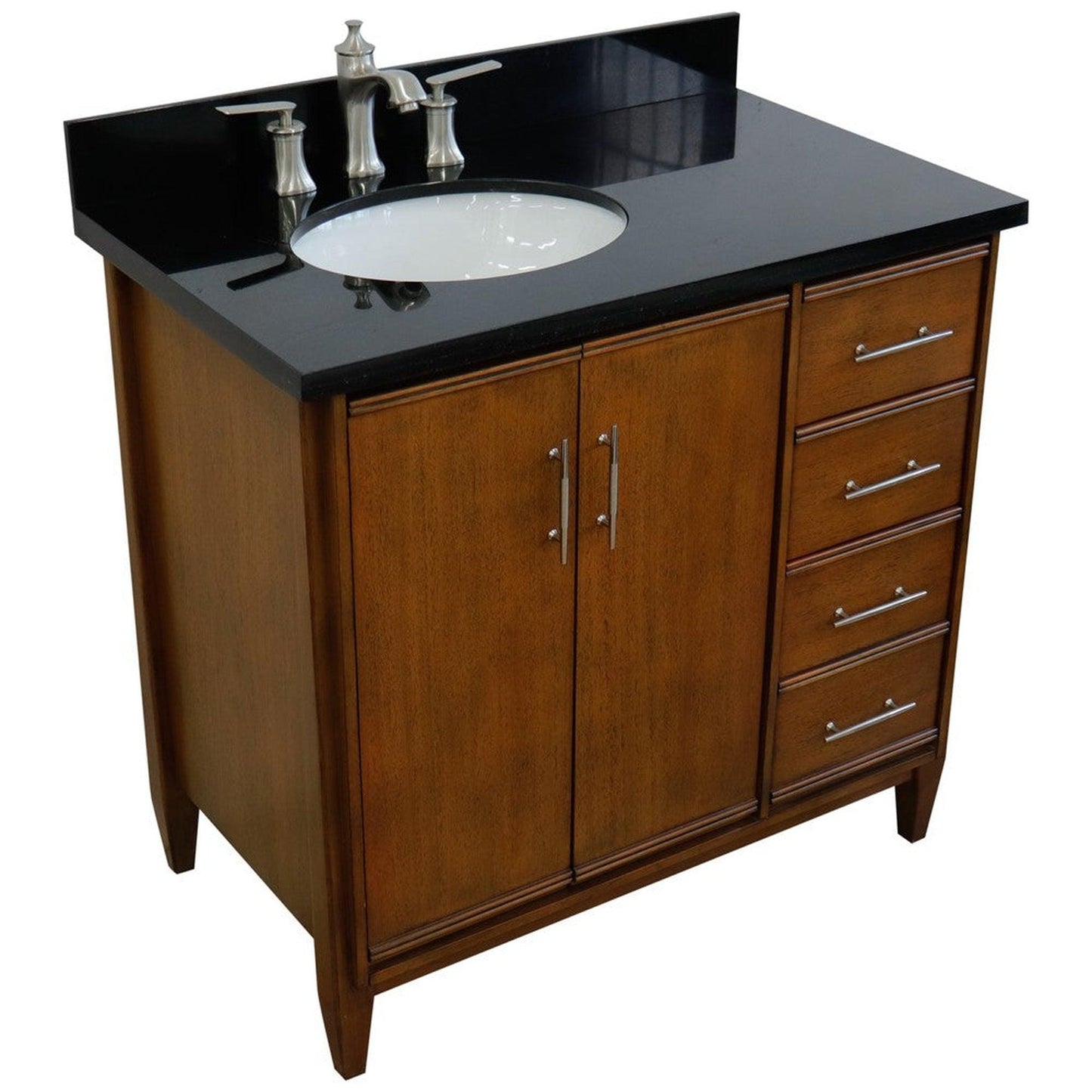 Bellaterra Home MCM 37" 2-Door 3-Drawer Walnut Freestanding Vanity Set With Ceramic Left Undermount Oval Sink and Black Galaxy Granite Top, and Left Door Cabinet