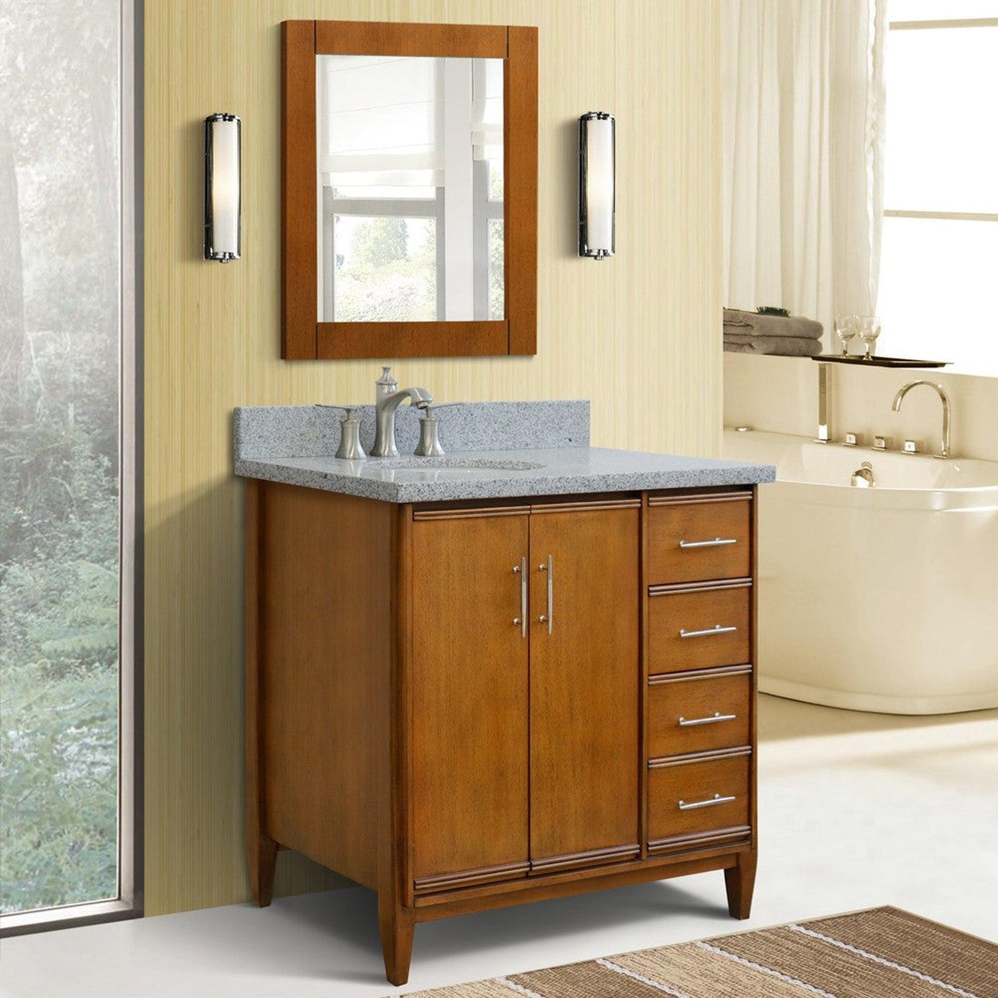 Bellaterra Home MCM 37" 2-Door 3-Drawer Walnut Freestanding Vanity Set With Ceramic Left Undermount Oval Sink and Gray Granite Top, and Left Door Cabinet