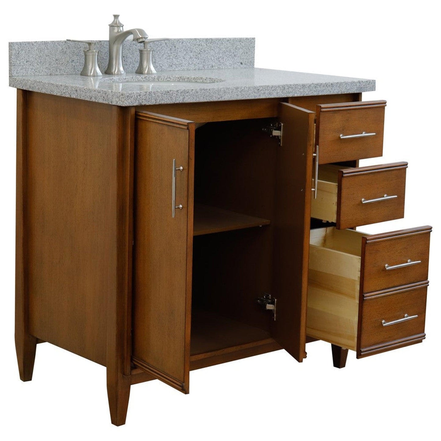 Bellaterra Home MCM 37" 2-Door 3-Drawer Walnut Freestanding Vanity Set With Ceramic Left Undermount Oval Sink and Gray Granite Top, and Left Door Cabinet