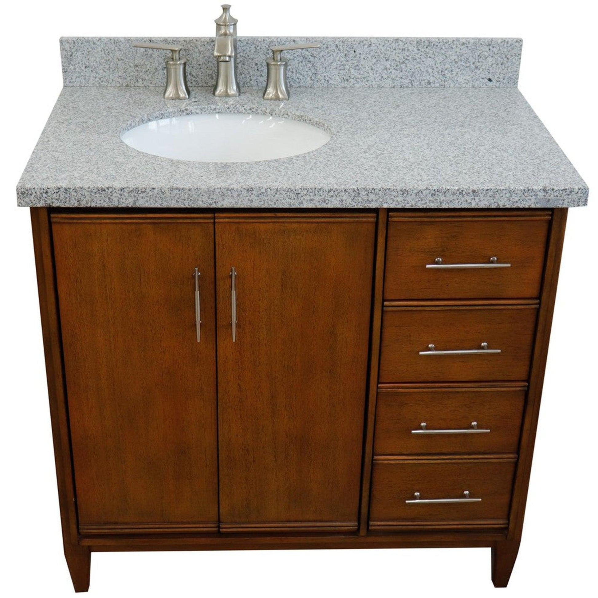 Bellaterra Home MCM 37" 2-Door 3-Drawer Walnut Freestanding Vanity Set With Ceramic Left Undermount Oval Sink and Gray Granite Top, and Left Door Cabinet