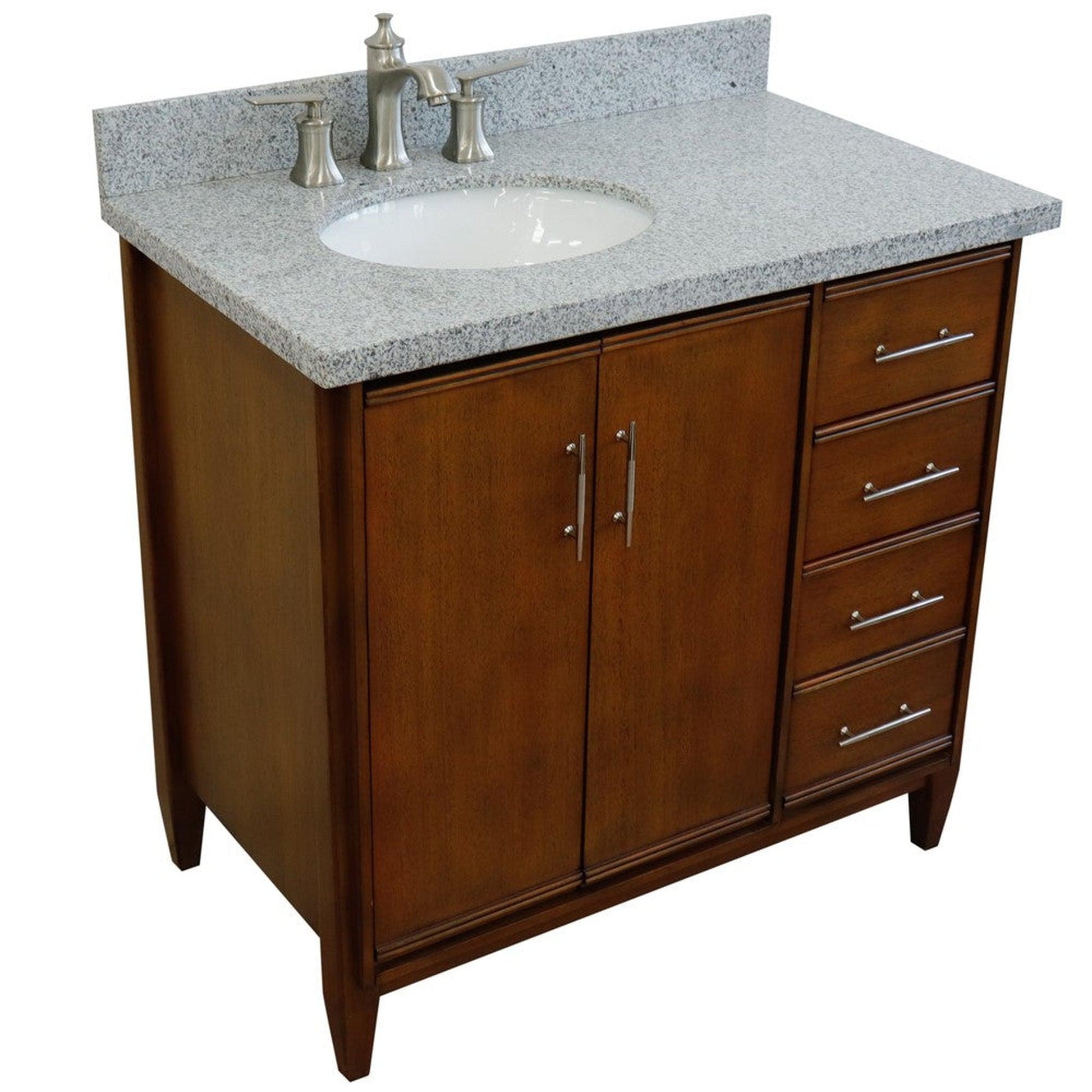 Bellaterra Home MCM 37" 2-Door 3-Drawer Walnut Freestanding Vanity Set With Ceramic Left Undermount Oval Sink and Gray Granite Top, and Left Door Cabinet