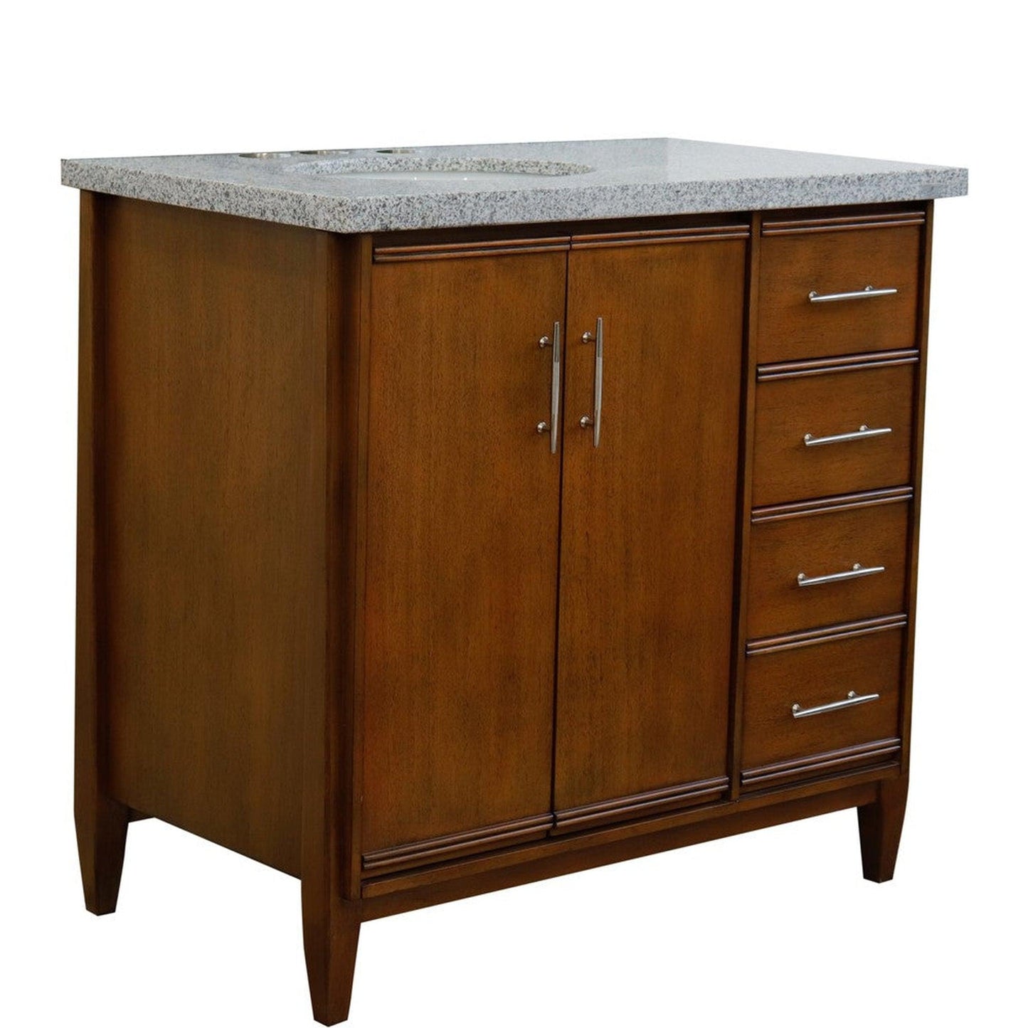 Bellaterra Home MCM 37" 2-Door 3-Drawer Walnut Freestanding Vanity Set With Ceramic Left Undermount Oval Sink and Gray Granite Top, and Left Door Cabinet