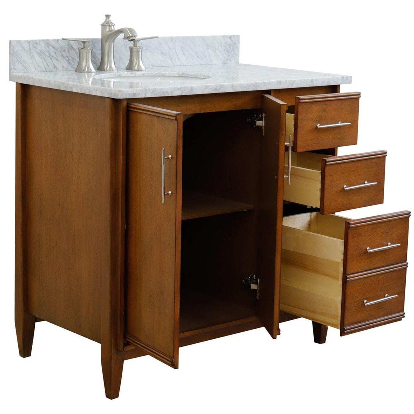 Bellaterra Home MCM 37" 2-Door 3-Drawer Walnut Freestanding Vanity Set With Ceramic Left Undermount Oval Sink and White Carrara Marble Top, and Left Door Cabinet