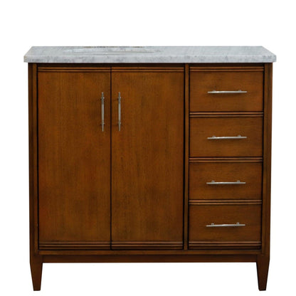 Bellaterra Home MCM 37" 2-Door 3-Drawer Walnut Freestanding Vanity Set With Ceramic Left Undermount Oval Sink and White Carrara Marble Top, and Left Door Cabinet