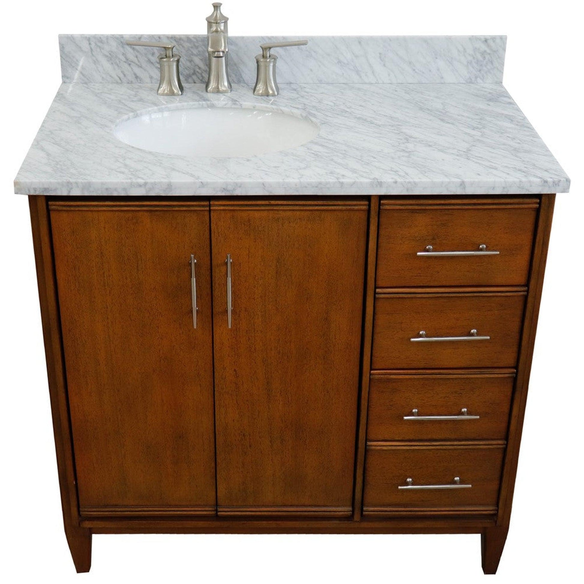 Bellaterra Home MCM 37" 2-Door 3-Drawer Walnut Freestanding Vanity Set With Ceramic Left Undermount Oval Sink and White Carrara Marble Top, and Left Door Cabinet