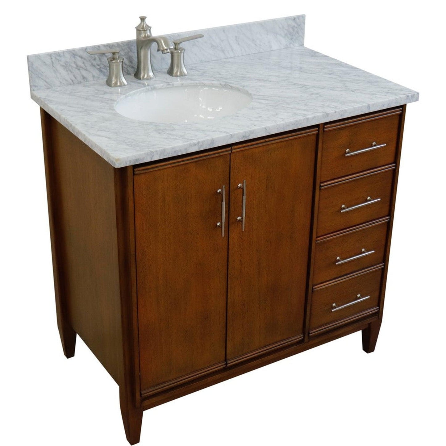 Bellaterra Home MCM 37" 2-Door 3-Drawer Walnut Freestanding Vanity Set With Ceramic Left Undermount Oval Sink and White Carrara Marble Top, and Left Door Cabinet