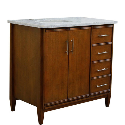 Bellaterra Home MCM 37" 2-Door 3-Drawer Walnut Freestanding Vanity Set With Ceramic Left Undermount Oval Sink and White Carrara Marble Top, and Left Door Cabinet